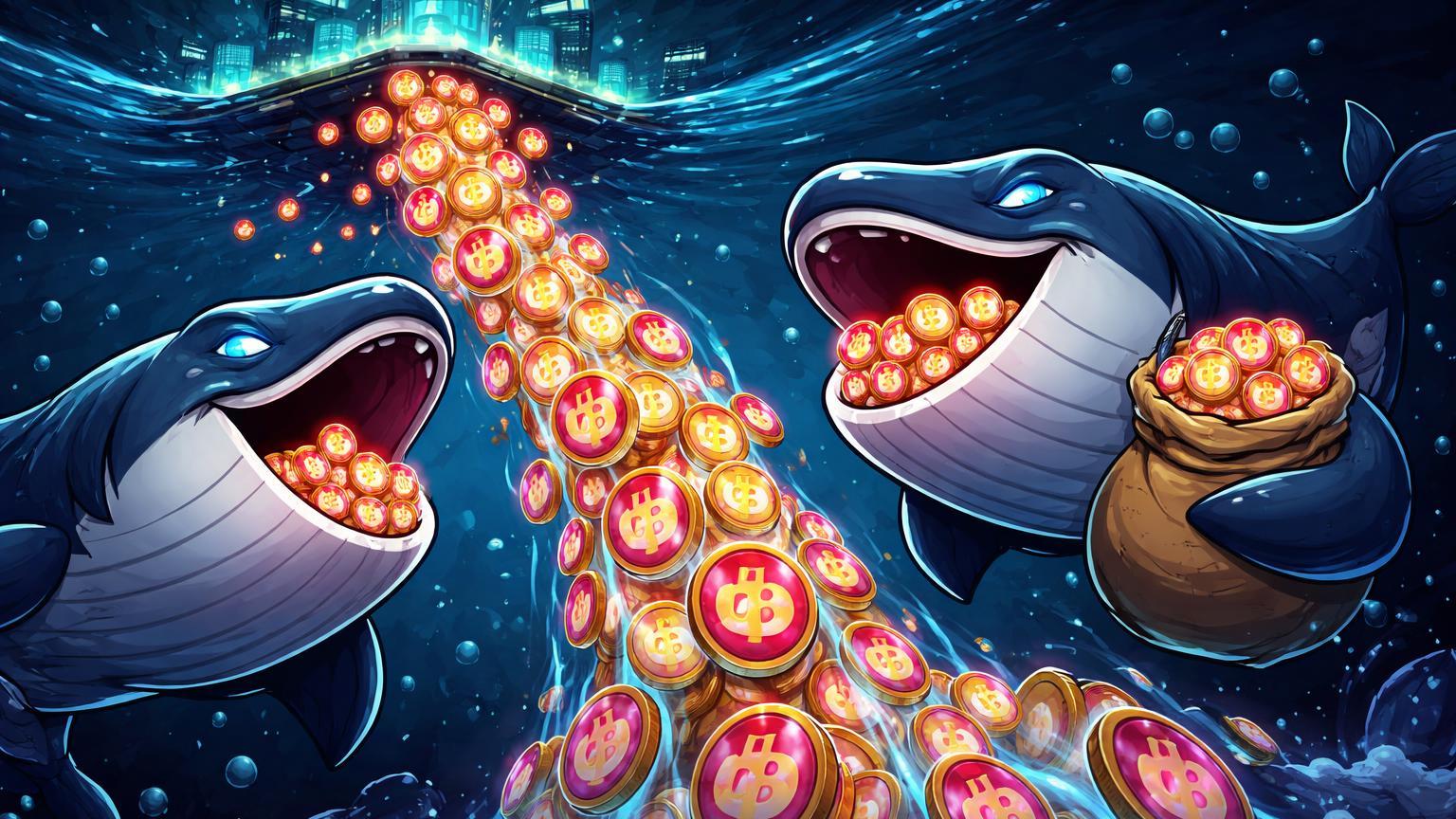 Baleias cartoon sugando tokens SHIB de exchanges flutuantes, ilustrando netflow negativo e acumulação por grandes investidores