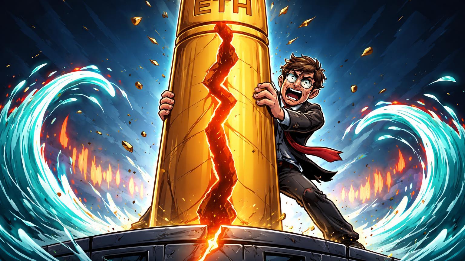 Trader cartoon tenso segurando pilar ETH rachando com ondas voláteis em plataforma DEX, ilustrando riscos de liquidações por alavancagem