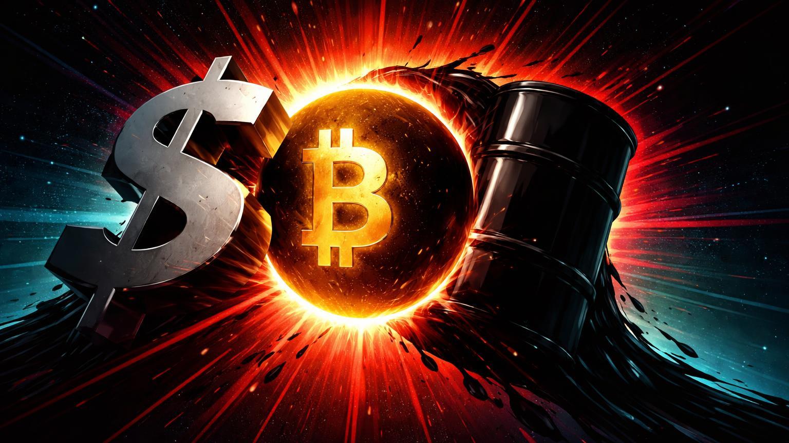 Eclipse solar dourado obscurecido por silhuetas de dólar e barril de petróleo, simbolizando pressão macro de dólar e petróleo sobre Bitcoin