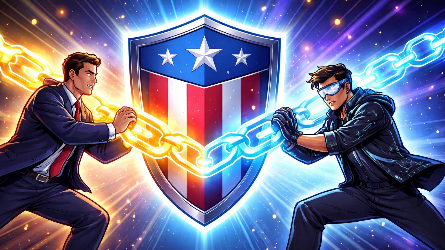 Personagens cartoon governamental e tech reforçando escudo patriótico com elos blockchain cyan, simbolizando proteção nacional aos EUA