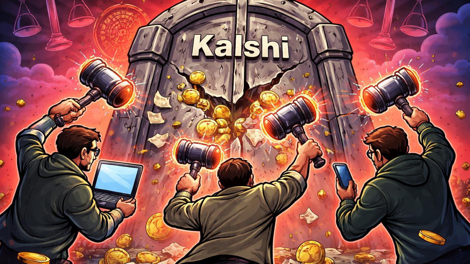 Investidores cartoon batendo martelos de justiça em porta trancada da Kalshi, com moedas escapando, simbolizando processo por calote em prediction markets