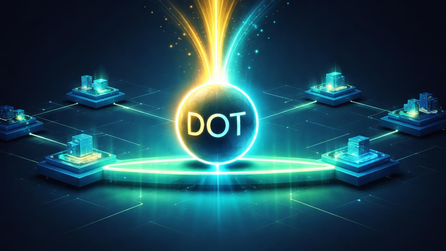 Estrutura isométrica de rede de suporte com esfera DOT no ponto crucial, fluxos de energia ascendentes simbolizando ETF e upgrade para reversão em Polkadot