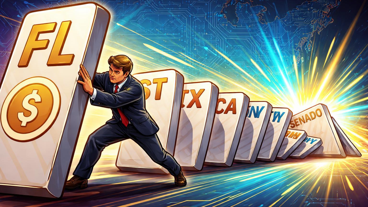 Personagem cartoon empurrando dominós de 'FL' ao 'Senado' em cascata luminosa, representando pressão da lei de stablecoins da Flórida pelo Clarity Act
