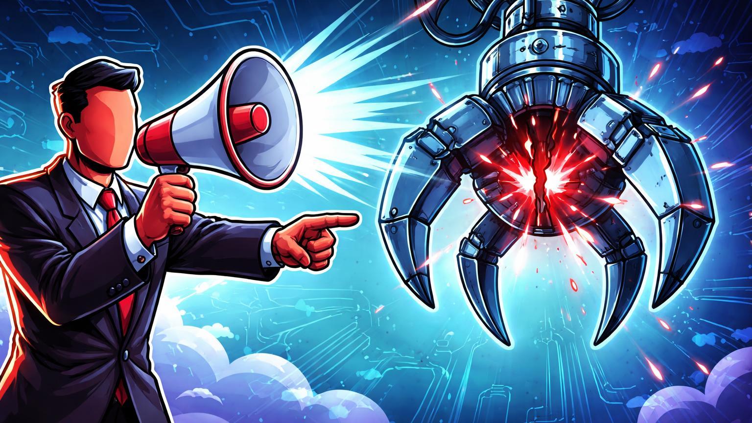 Oficial cartoon com megafone alertando rachadura vermelha em garra mecânica de IA, simbolizando riscos no OpenClaw identificados pela China