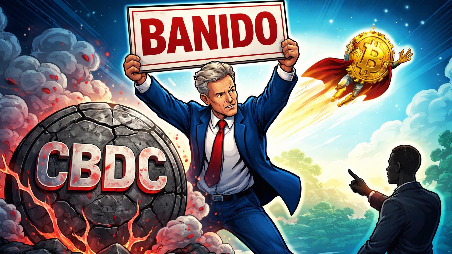 Senador cartoon banindo moeda CBDC sombria enquanto Bitcoin voa livre, simbolizando resistência à vigilância e defesa da privacidade financeira