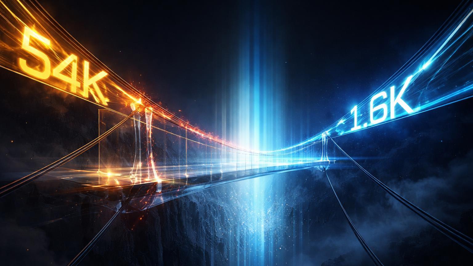 Ponte de vidro tensionada com suportes 54K dourado e 1.6K ciano sobre abismo digital, simbolizando zonas críticas de BTC e ETH