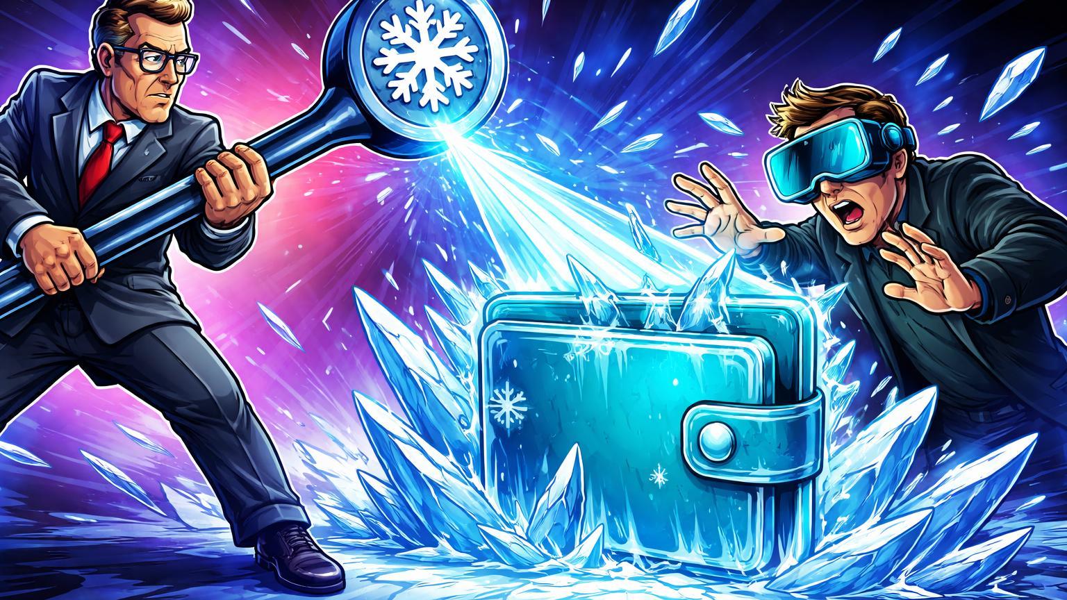 Burocrata cartoon puxando alavanca de congelamento em carteira DeFi de investidor alarmado, alertando sobre proposta regulatória do Tesouro EUA