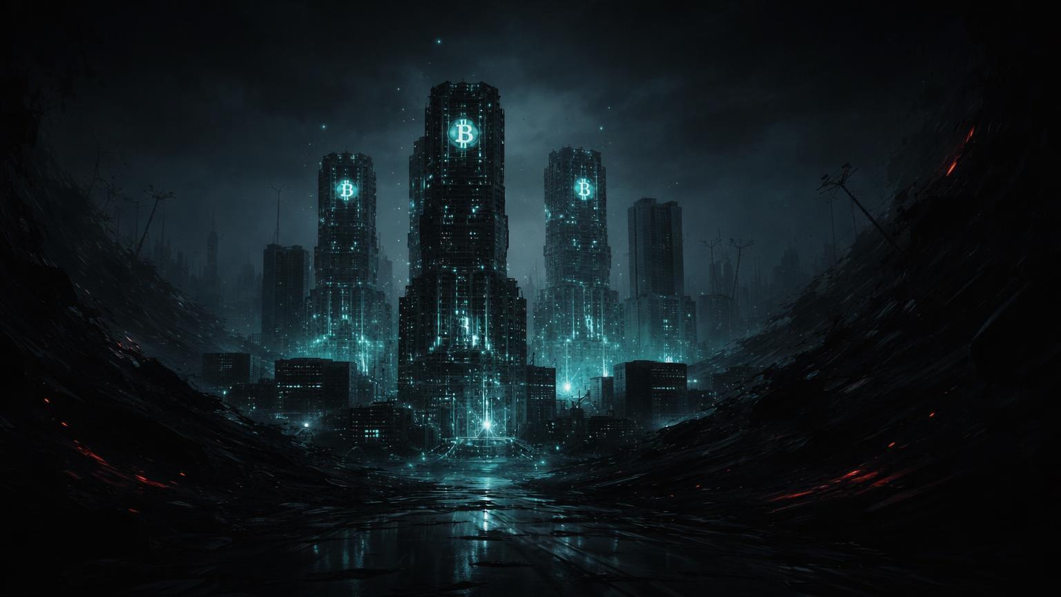 Cidade cyberpunk em blackout total com faíscas cyan de rigs de mineração, simbolizando paralisia do mercado cripto no Irã sem internet