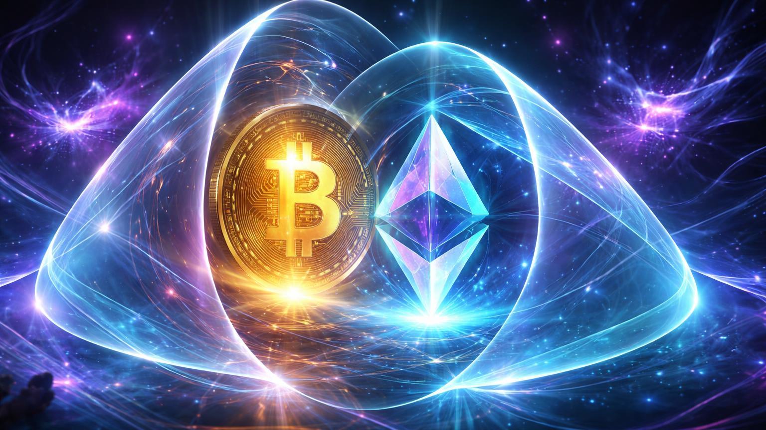 Camadas translúcidas ZK protegendo núcleos Bitcoin dourado e Ethereum prismático contra partículas quânticas e IA, simbolizando defesas Web3 de Vitalik e devs Bitcoin