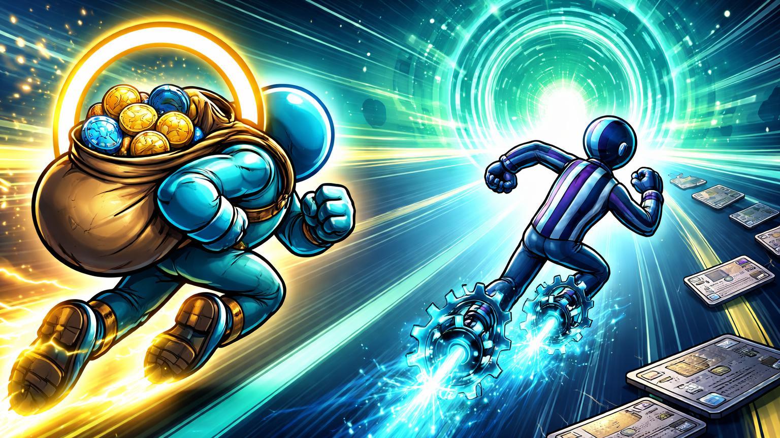Personagens cartoon de Circle e Stripe em corrida futurista deixando cartões velhos para trás, rumo a portal IA, simbolizando competição em pagamentos com stablecoins