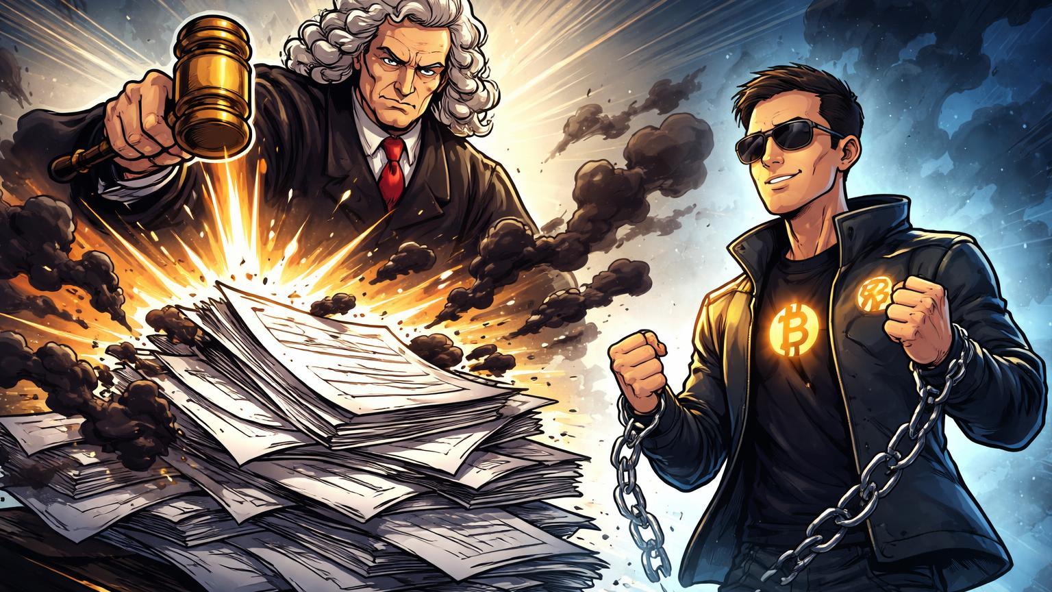 Juiz cartoon batendo martelo sobre documentos de acusações, libertando personagem estilizado da Binance de correntes, simbolizando vitória jurídica contra processo de terrorismo