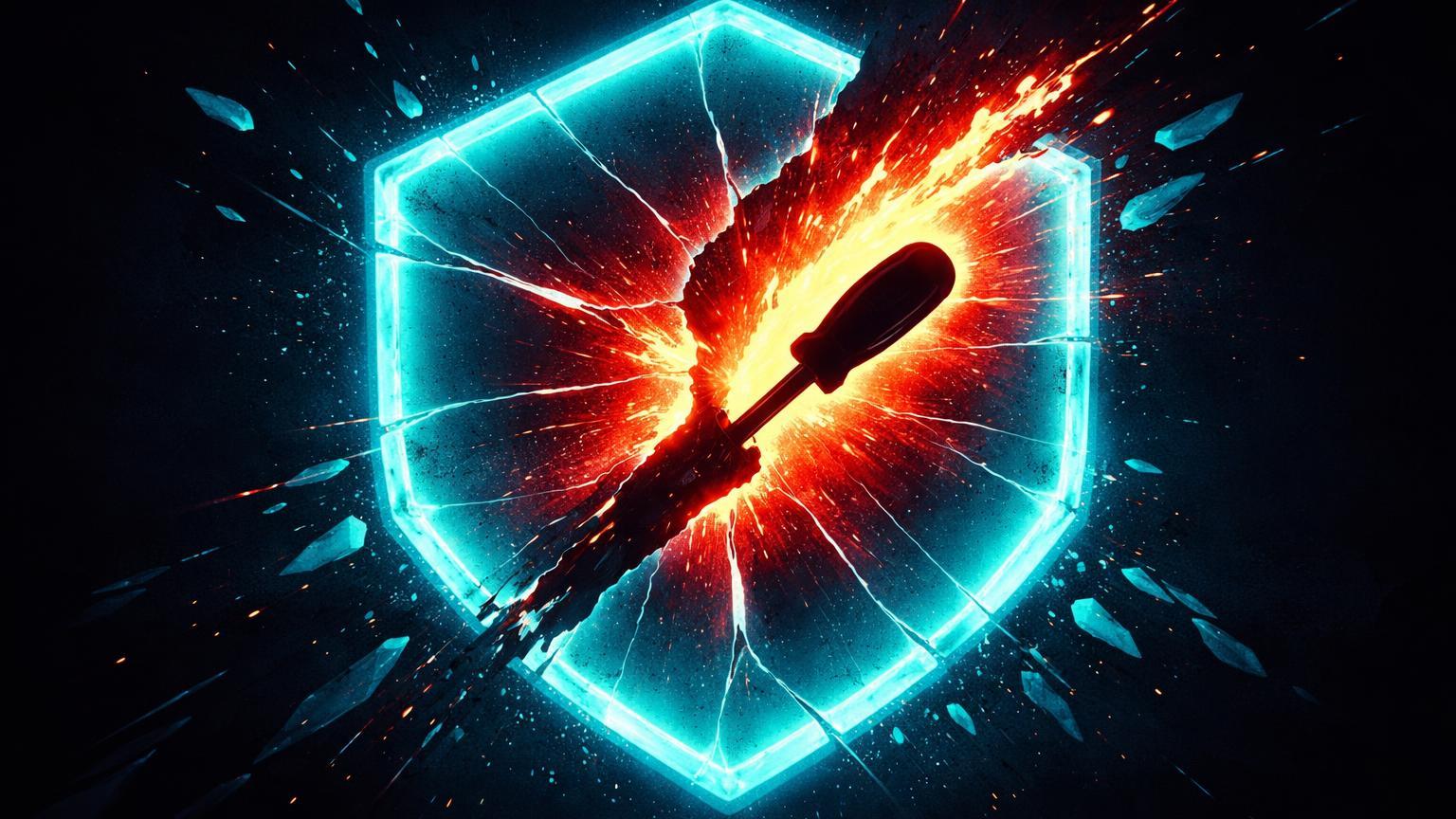 Escudo digital cyan rachado por força bruta vermelha, representando roubos violentos de cripto e wrench attacks em Reino Unido e Hong Kong