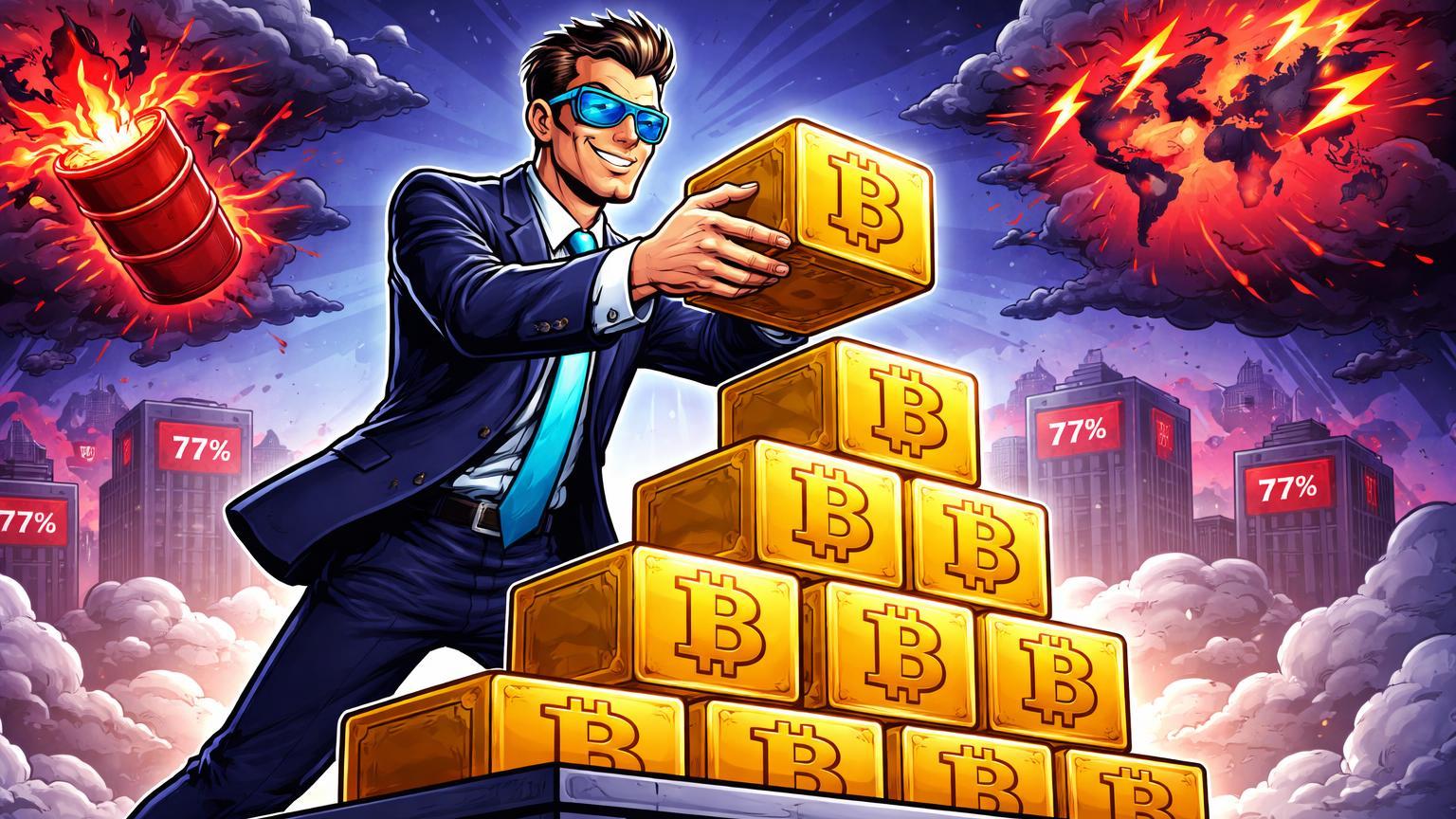 Personagem empresarial cartoon empilhando blocos Bitcoin sob nuvens de FUD e petróleo, simbolizando apostas institucionais resilientes em BTC