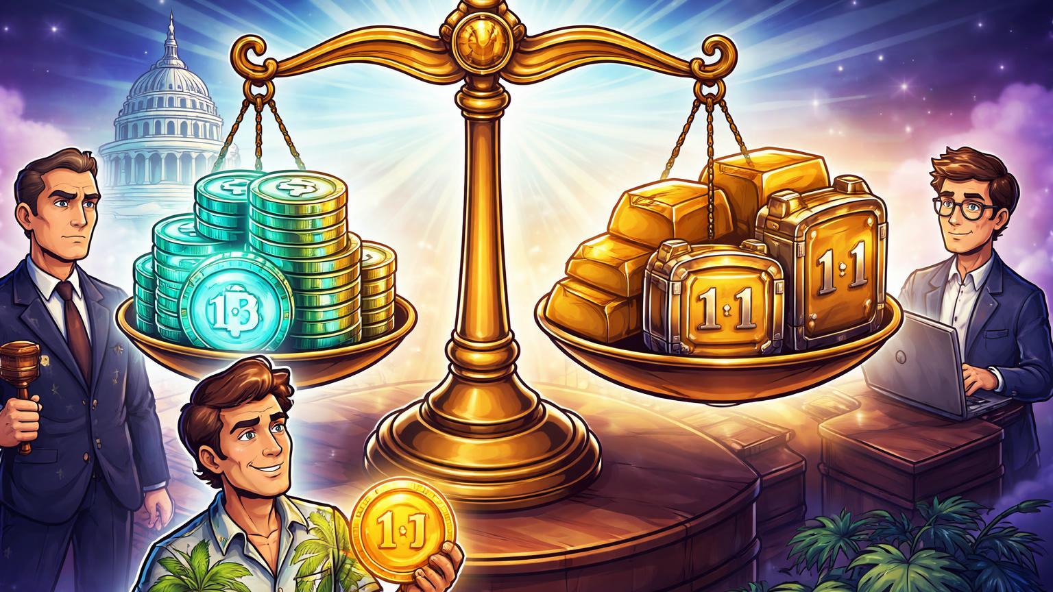 Balança cartoon equilibrando stablecoins e reservas 1:1 com regulador, emissor da Flórida e investidor, simbolizando CLARITY Act