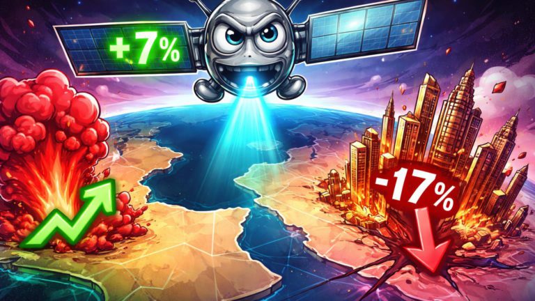 Satélite cartoon coletando dados sobre crise iraniana com +7% subindo e skyline Dubai desabando -17%, ilustrando impactos geopolíticos no mercado