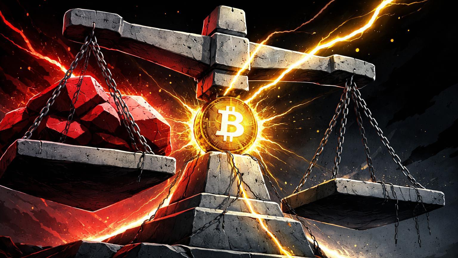 Balança brutalista desequilibrada por massa vermelha de inflação pressionando nócleo Bitcoin dourado, sinalizando risco de estagflação dos juros EUA
