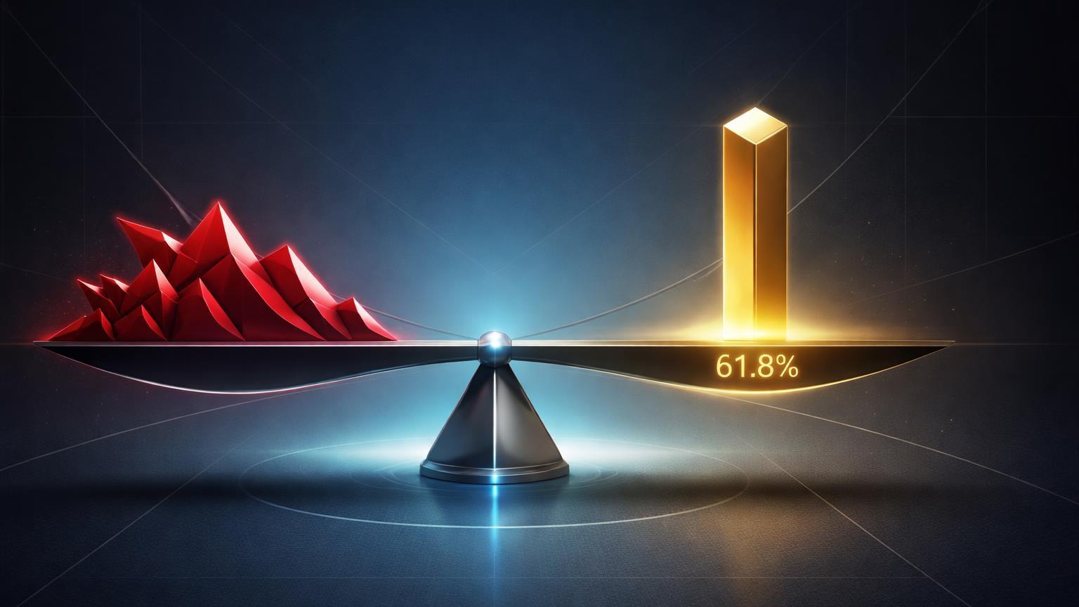 Balança geométrica abstrata com pressão vermelha descendente em SPY e pilar dourado ancorada em 61.8% Fib no ouro, indicando fluxo para refúgios
