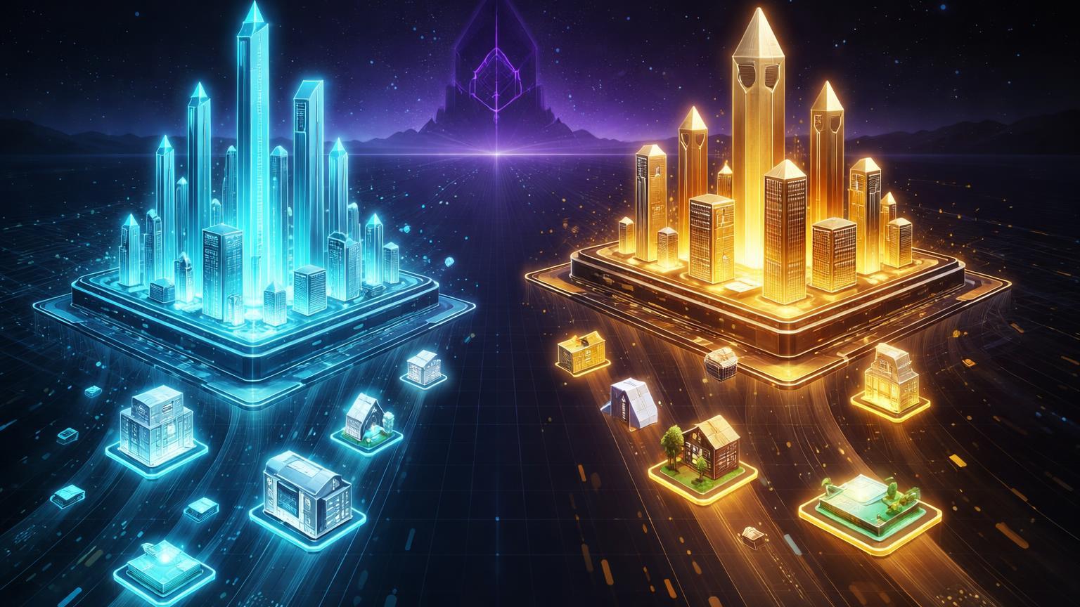 Estruturas isométricas de Solana (cyan, alta) e Ethereum (dourada, robusta) competindo por ativos RWAs, com Solana à frente em carteiras