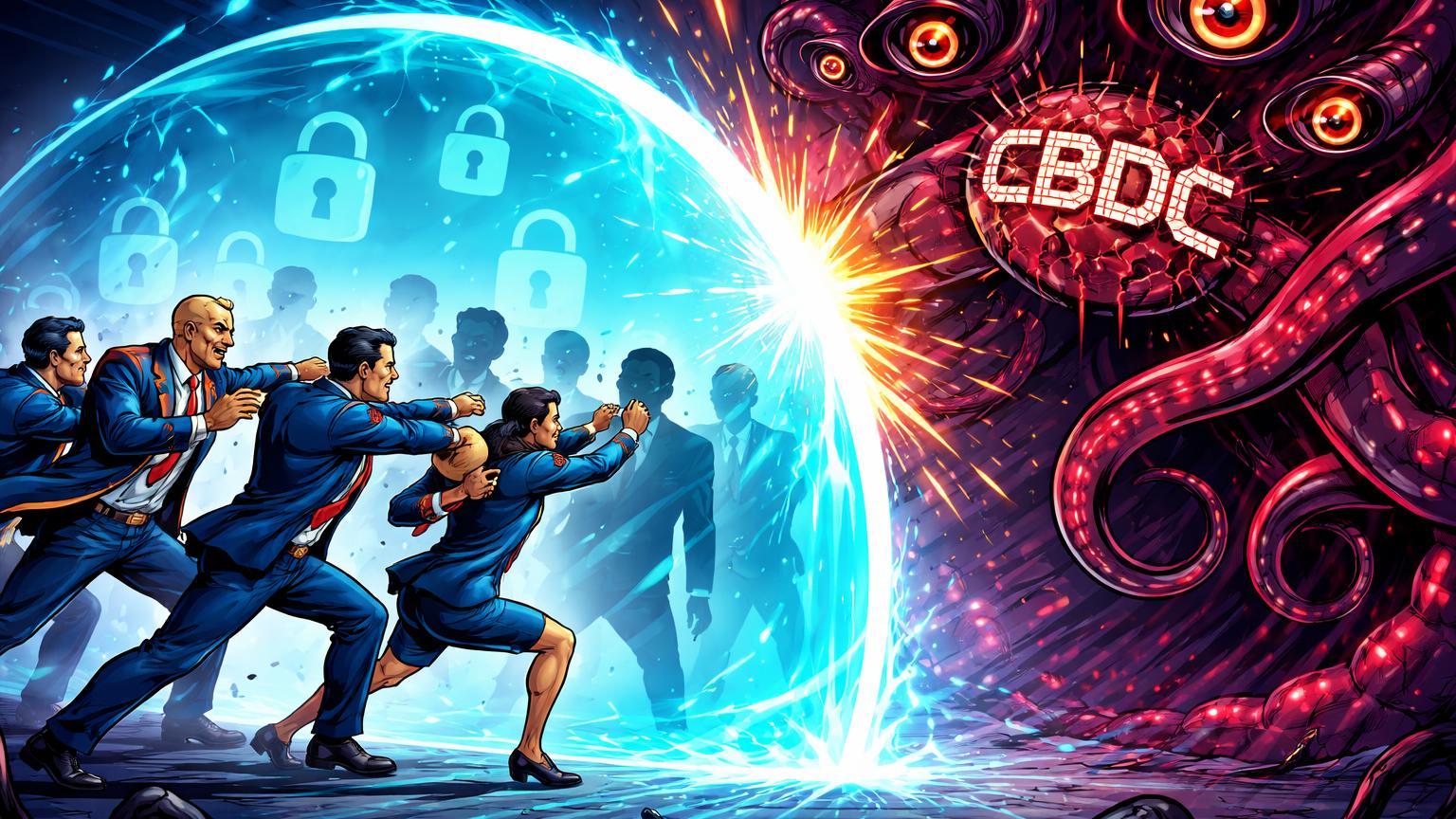 Congressistas cartoon erguendo escudo cyan contra onda vermelha de vigilância CBDC, defendendo privacidade nos EUA