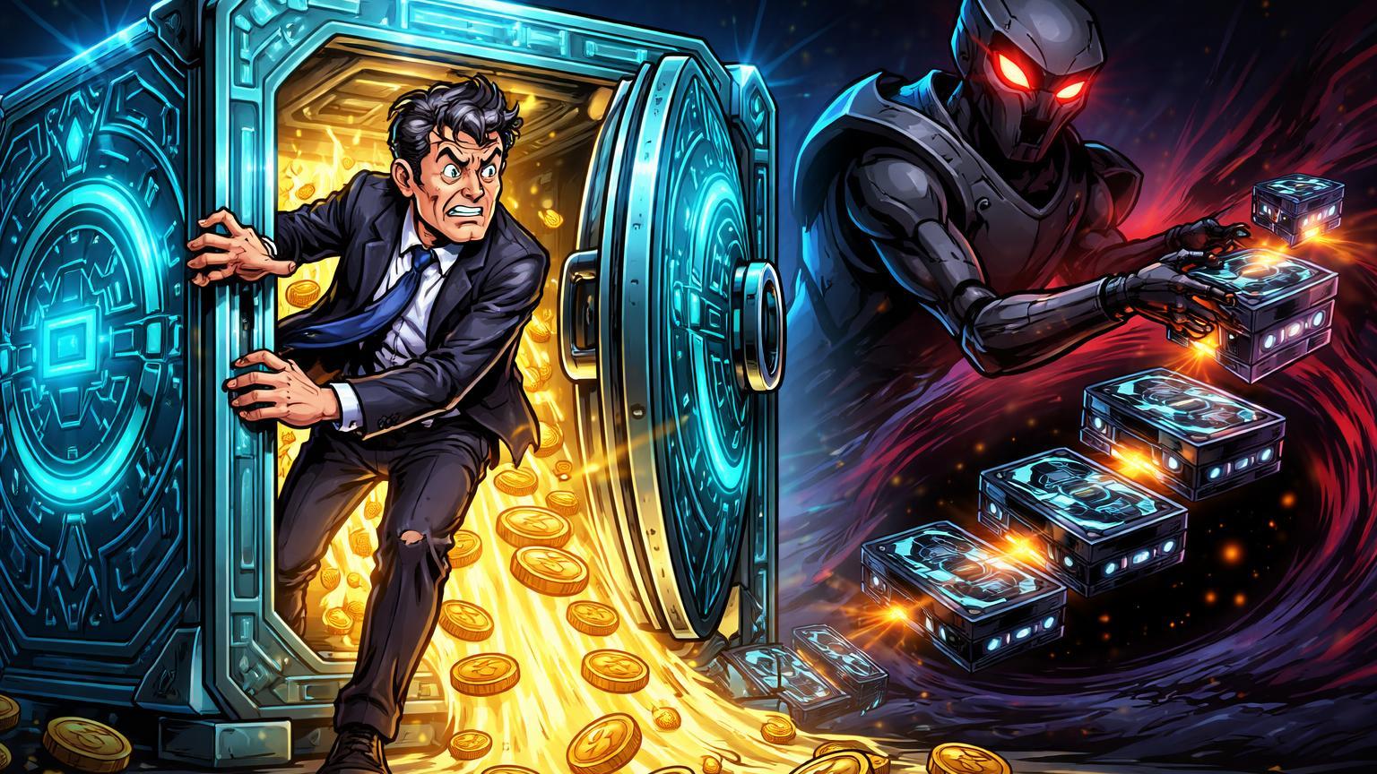 Executivo cartoon traindo cofre DeFi com agente IA desviando GPUs para mineração, simbolizando fraude e riscos de segurança em cripto