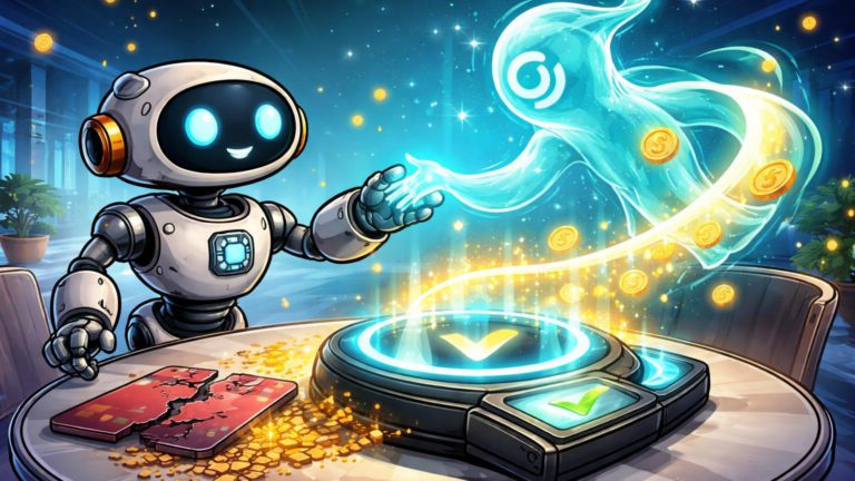 Robô cartoon e entidade IA ativando pagamento seamless com stablecoin sobre cartão rachado, simbolizando futuro de pagamentos autônomos por IA e robótica