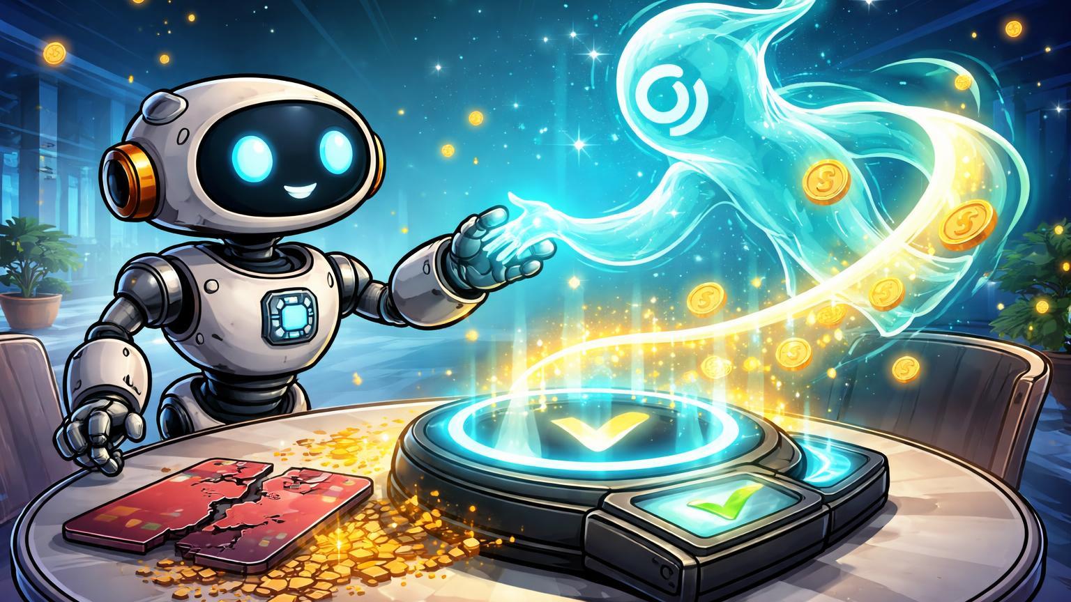 Robô cartoon e entidade IA ativando pagamento seamless com stablecoin sobre cartão rachado, simbolizando futuro de pagamentos autônomos por IA e robótica