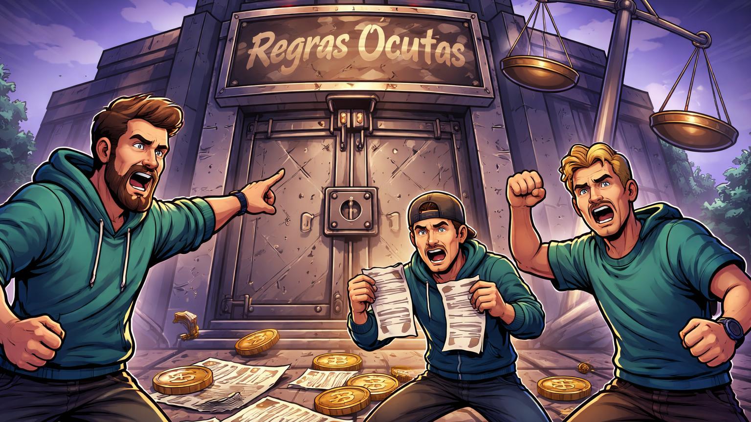 Traders cartoon protestando contra fortaleza corporativa trancada com balança desequilibrada, ilustrando processo judicial de US$ 54 mi contra Kalshi