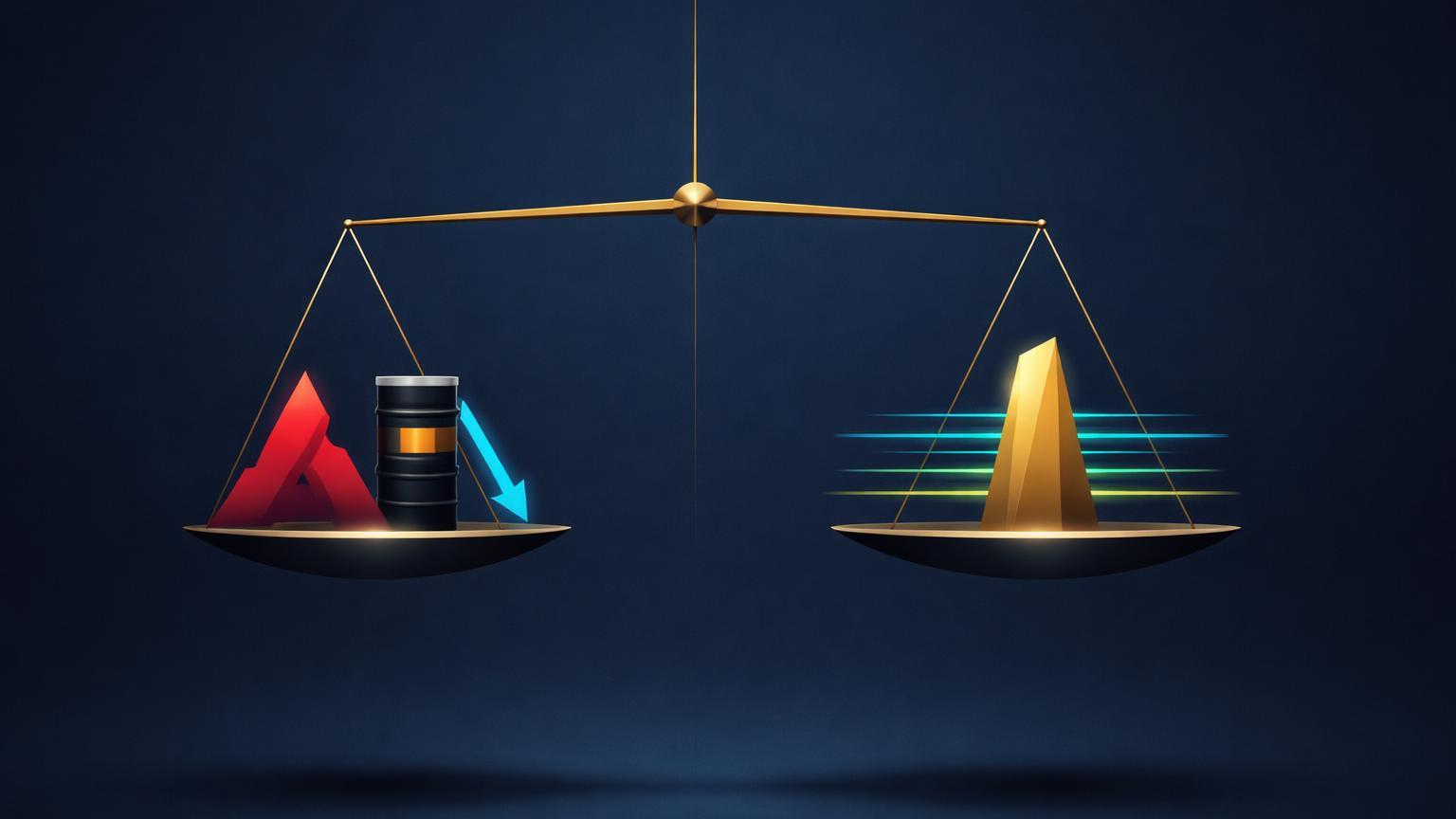 Balança geométrica em equilíbrio entre picos de inflação, petróleo e níveis de suporte do Bitcoin, ilustrando tensão macro no mercado cripto