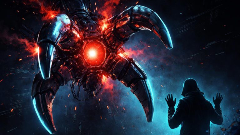 Garra robótica cibernética com falhas vermelhas e silhueta renunciando, simbolizando vulnerabilidades em IA e riscos para Web3 cripto