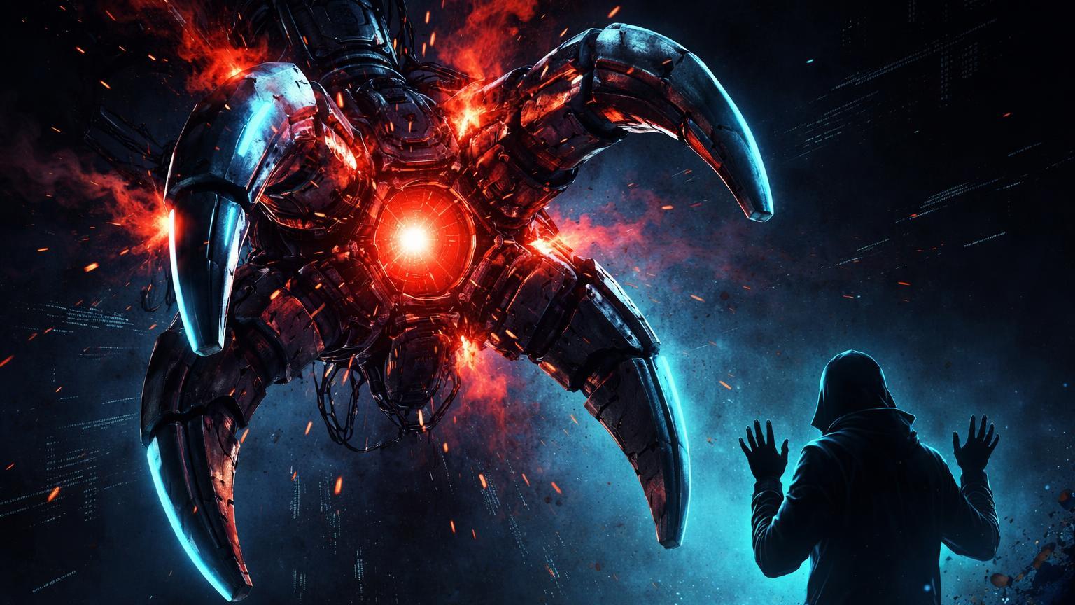 Garra robótica cibernética com falhas vermelhas e silhueta renunciando, simbolizando vulnerabilidades em IA e riscos para Web3 cripto