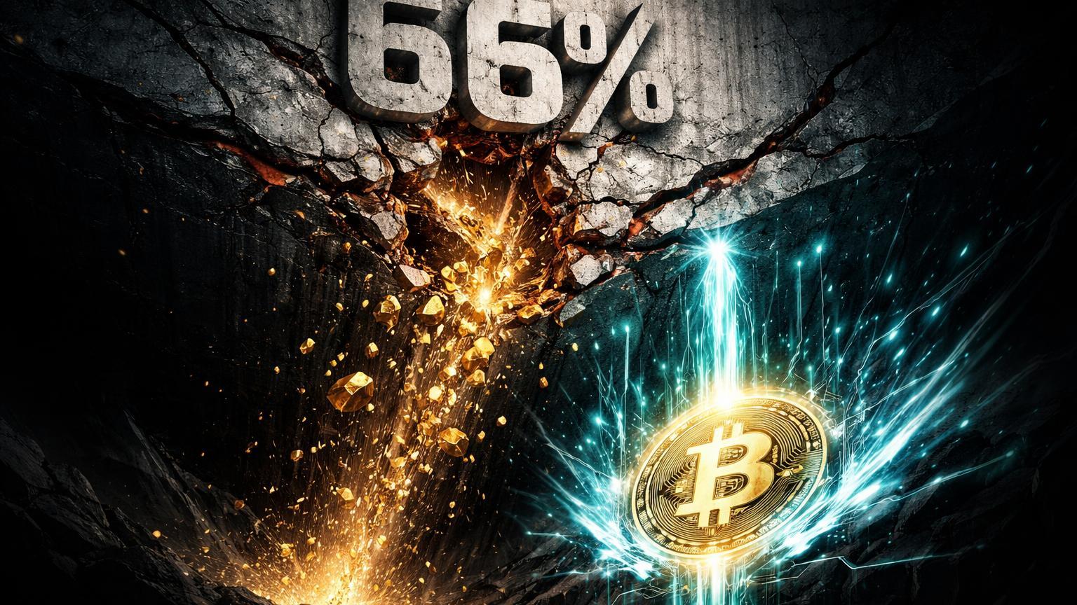 Parede brutalista com seção 66% desabando em fragmentos dourados contrabalançada por fluxos cyan ascendentes, representando vendas de baleias vs divergência em ETFs de Bitcoin