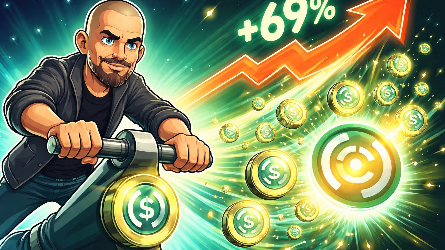 Personagem cartoon de Jack Dorsey pivotando alavanca de stablecoins para emblema Circle em seta de alta +69%, simbolizando adoção pela Block e disparada de CRCL