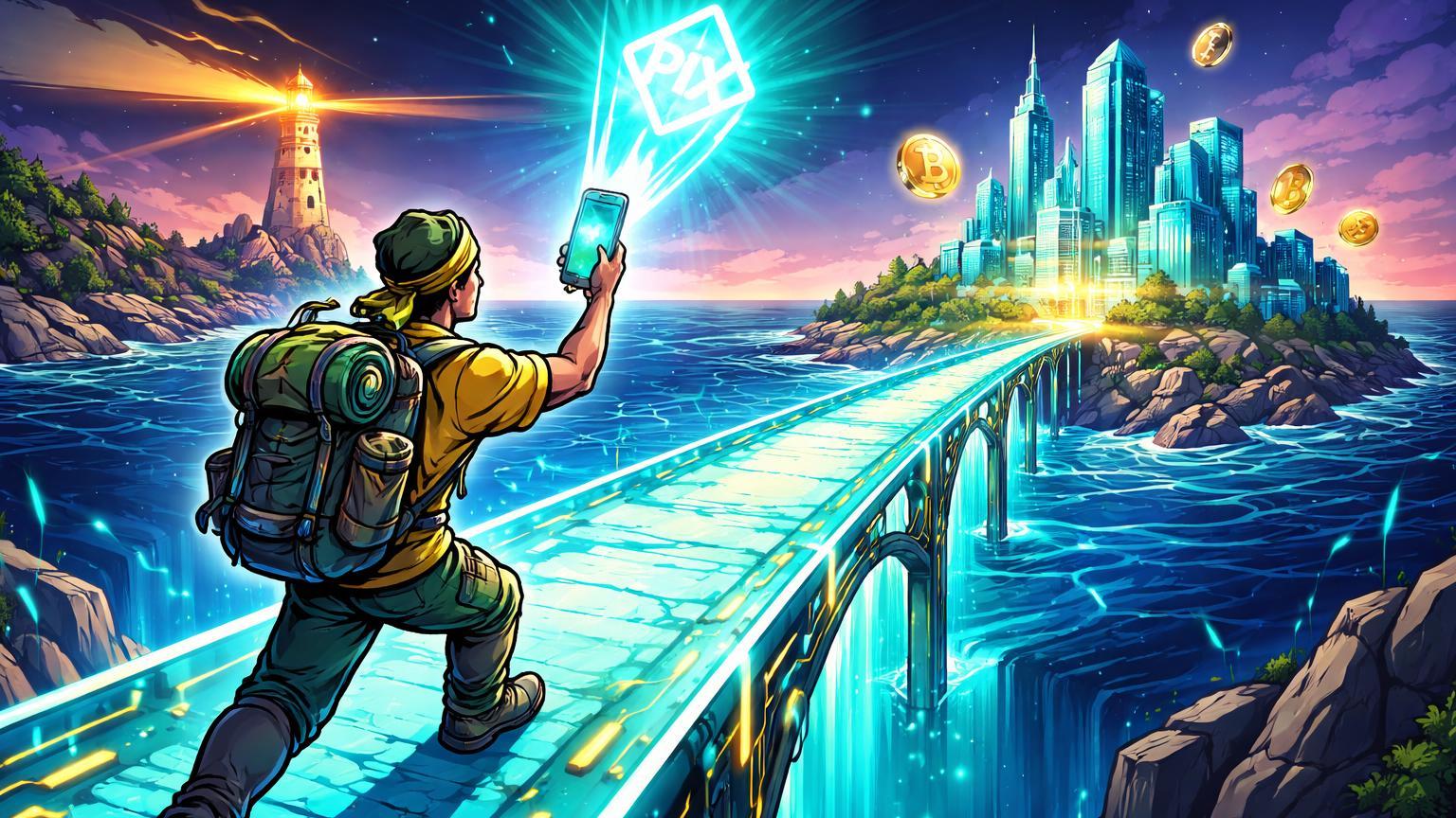 Viajante cartoon brasileiro cruzando ponte Pix para ilha crypto argentina guiado por farol blockchain das Ilhas Marshall