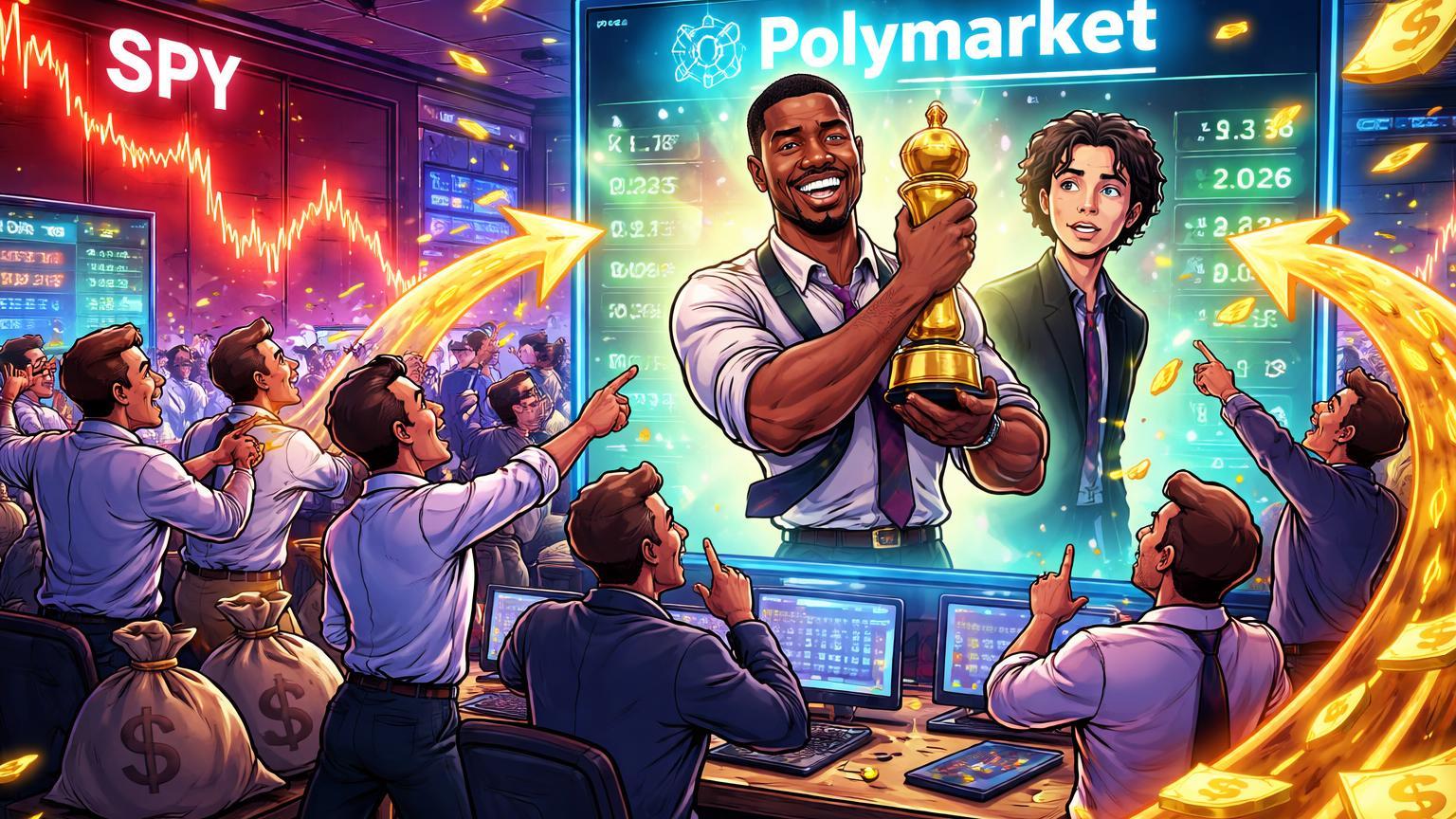 Traders cartoon virando costas para S&P derretendo e apostando em Polymarket Oscar com Jordan à frente de Chalamet, simbolizando migração do dinheiro inteligente