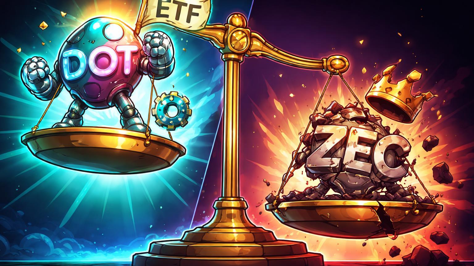 Balança cartoon com personagem Polkadot confiante em suporte elevado e Zcash colapsando, ilustrando contraste de governança nos preços de altcoins