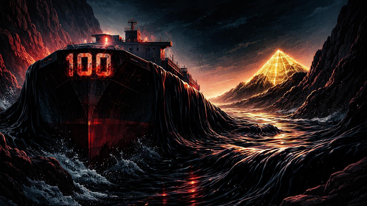 Petroleiro colossal bloqueando garganta rochosa com óleo negro transbordando sobre montanha dourada digital, ameaçando criptomoedas por petróleo a US$100