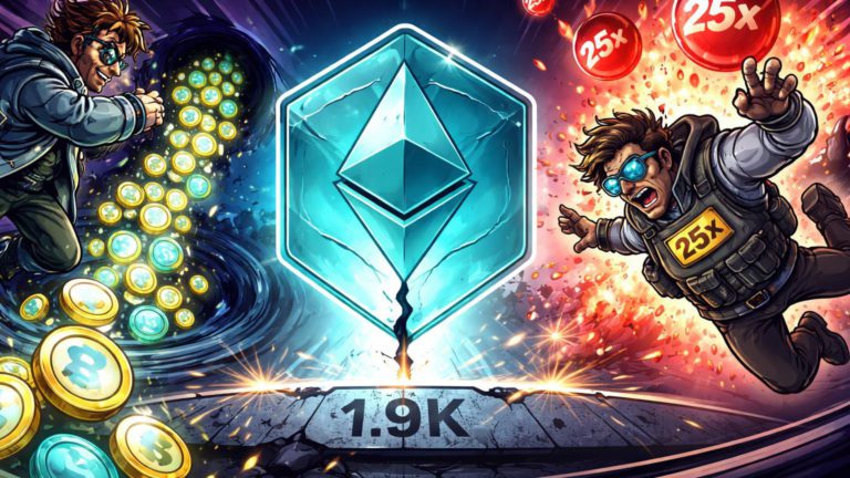 Personagens cartoon despejando ETH em vórtice exchange e trader caindo com explosões 25x, escudo ETH rachando no suporte 1.9K, alertando risco no mercado