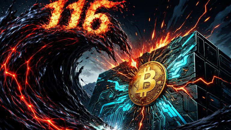 Onda de óleo negro com '116' colidindo contra barreira cibernética cyan e dourada rachada, simbolizando impacto do petróleo alto no Bitcoin e riscos de segurança cibernética