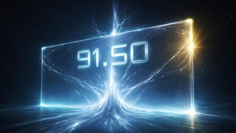 Muralha translúcida de resistência com 91.50 gravado pressionada por fluxo prateado e reflexo dourado Bitcoin, sinal de correlação em análise técnica