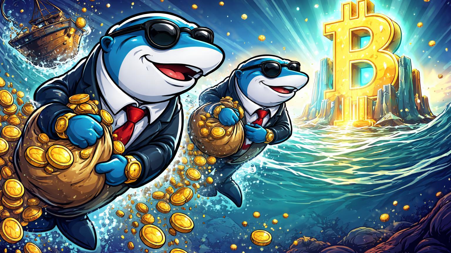 Baleias cartoon despejando moedas de ouro digital enquanto nadam para fortaleza Bitcoin, simbolizando rotação de ativos por grandes investidores