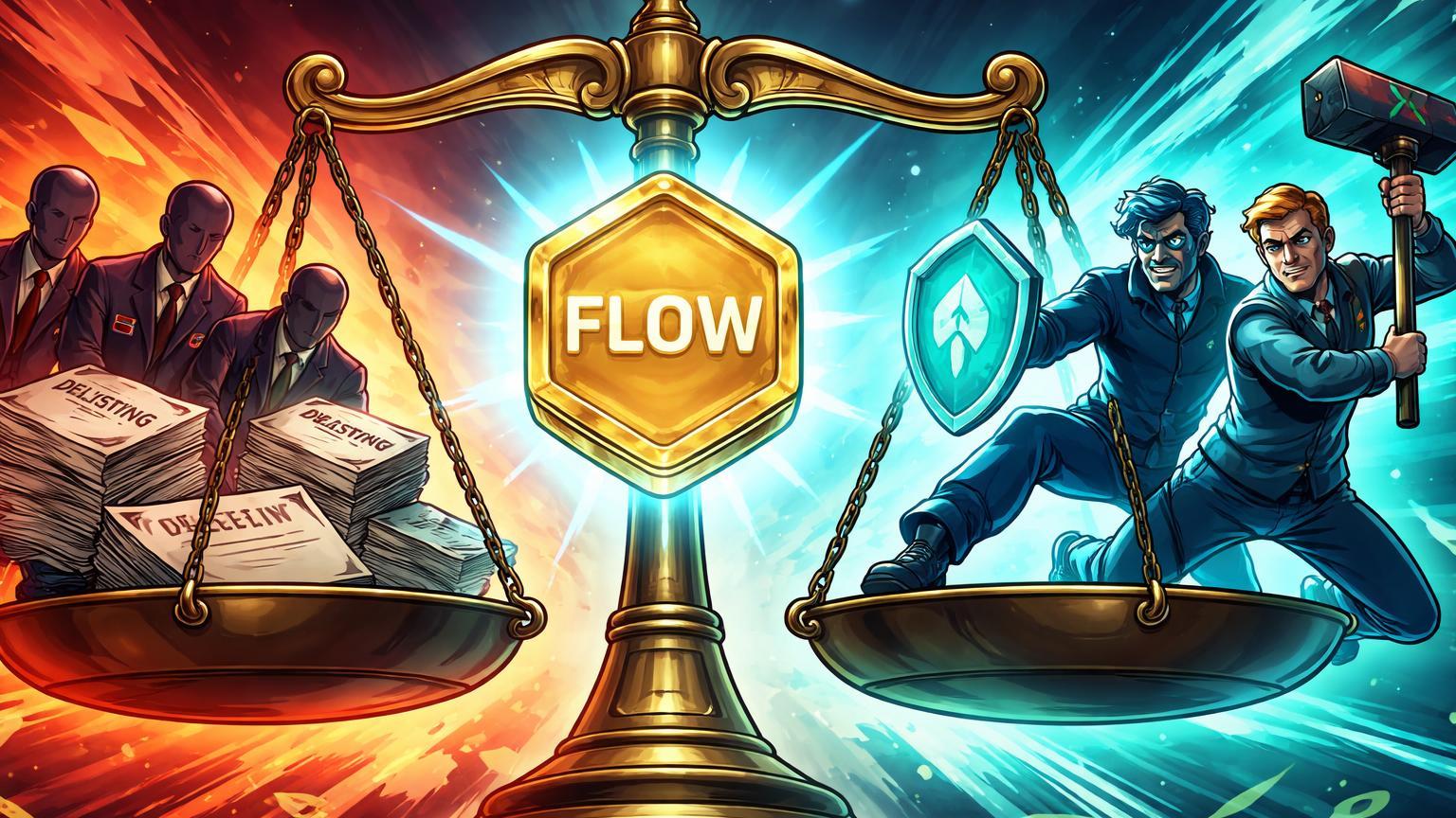 Balança judicial com token FLOW central, empresas Flow e Dapper Labs lutando contra exchanges coreanas por delisting, simbolizando batalha legal