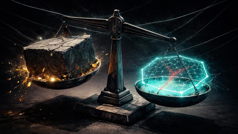 Balança brutalista desequilibrada com bloco tradicional afundando e rede DeFi frágil rachada, questionando benefícios da fuga da Blackstone