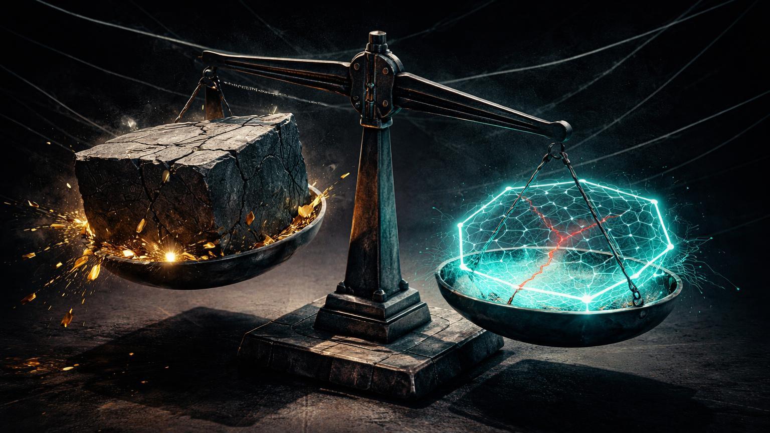 Balança brutalista desequilibrada com bloco tradicional afundando e rede DeFi frágil rachada, questionando benefícios da fuga da Blackstone