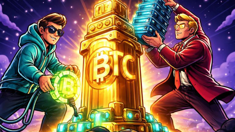 Personagens cartoon estilizados injetando stablecoins e ASICs em pilar BTC dourado, simbolizando adoção por Jack Dorsey e Trump