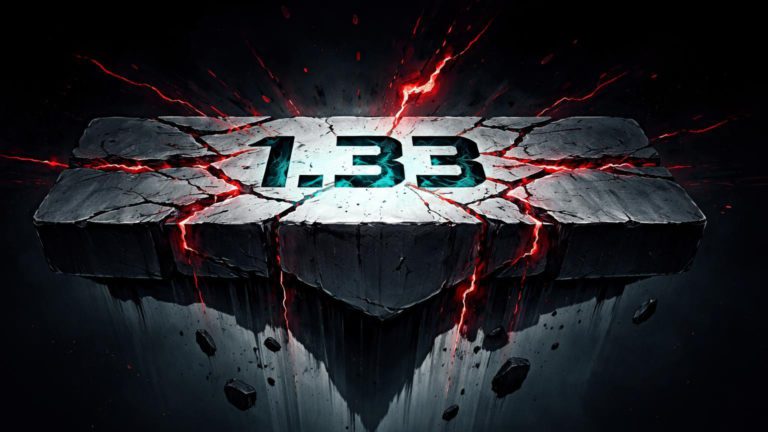 Plataforma geométrica de suporte marcada com 1.33 rachando com energia vermelha, simbolizando teste crítico do XRP em análise técnica