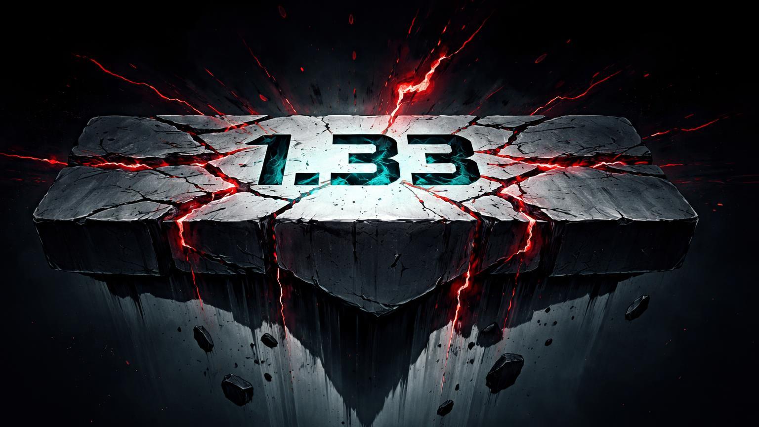 Plataforma geométrica de suporte marcada com 1.33 rachando com energia vermelha, simbolizando teste crítico do XRP em análise técnica