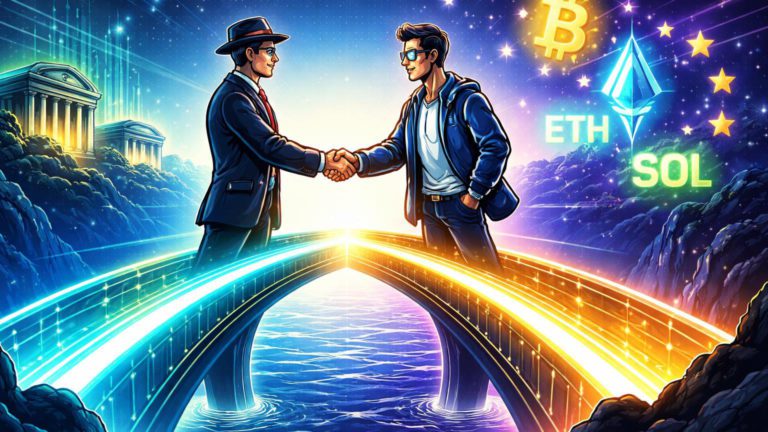 Executivos cartoon apertando mãos sobre ponte luminosa transatlântica com BTC, ETH e SOL, simbolizando Kraken no Fedwire e Coinbase na Europa