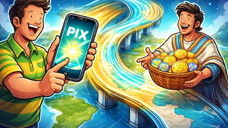 Personagens cartoon brasileiro enviando Pix via smartphone que flui para cesta de Bitcoin e stablecoins com argentino, simbolizando integração para compras cripto sem taxas altas