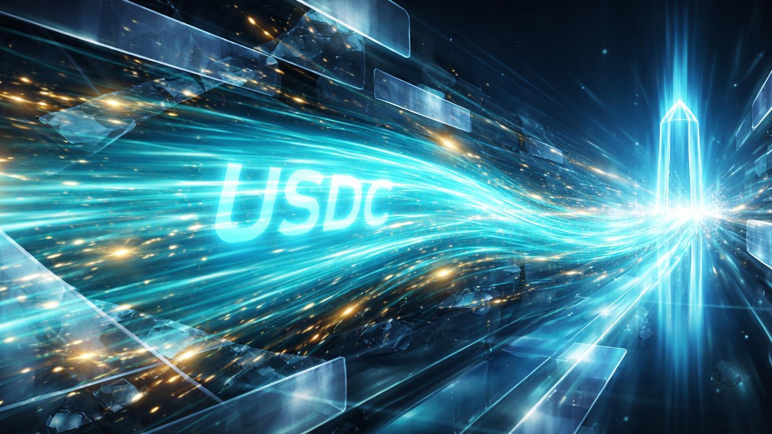 Fluxo de energia cyan translúcida rompendo camadas de vidro opaco com partículas douradas, simbolizando liquidação rápida de USDC desafiando SWIFT