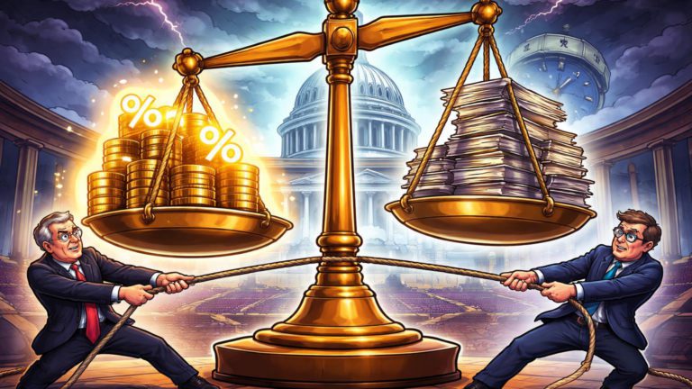 Senadores cartoon disputando balança com stablecoins e yields de um lado versus burocracia, simbolizando impasse do CLARITY Act no Senado